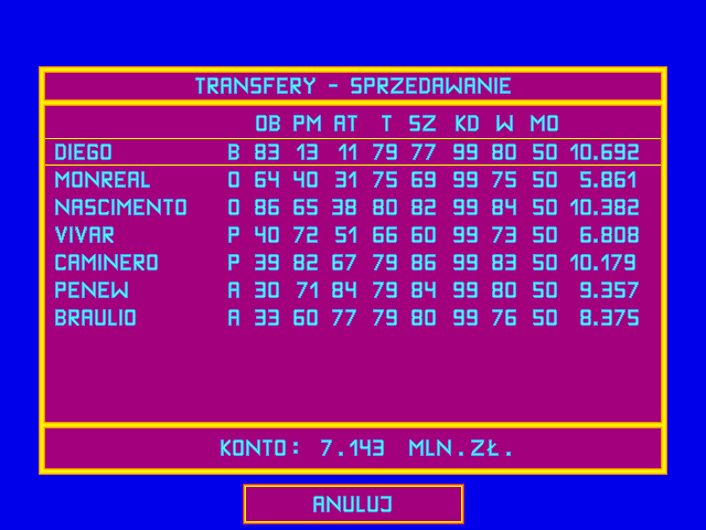 Pol-Gol! (DOS) screenshot: Transfers