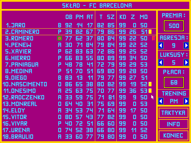 Pol-Gol! (DOS) screenshot: Match team overview