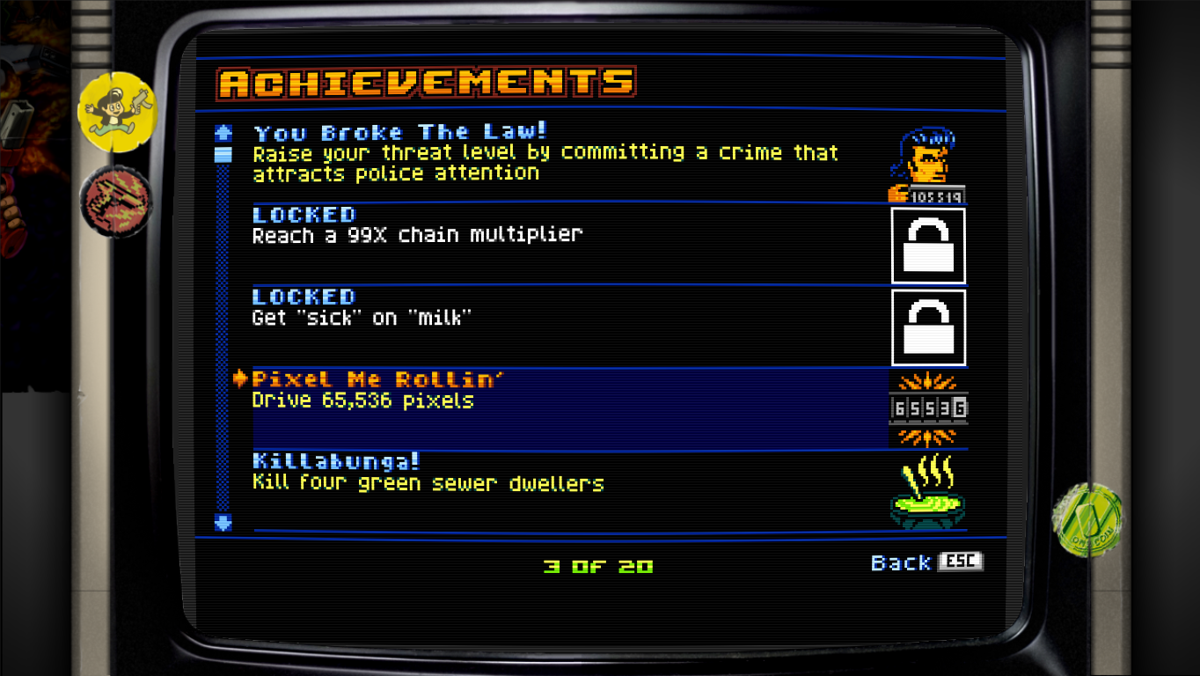 Retro City Rampage: DX (Windows) screenshot: Overview of the in-game achievements
