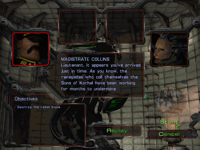 StarCraft (Demo Version) (Windows) screenshot: The first mission's briefing. All characters in the demo campaign use generic portraits, like the Magistrate has the Battlecruiser pilot portrait.