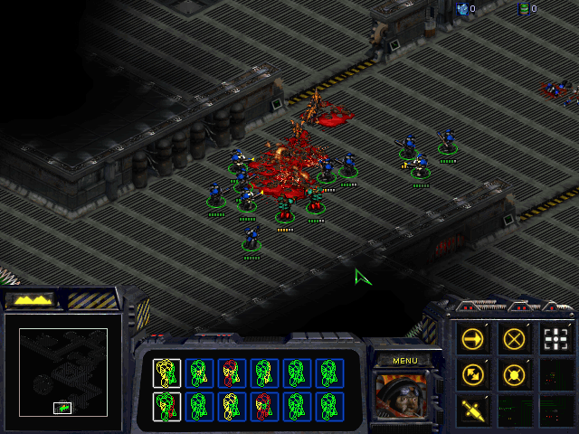 StarCraft (Demo Version) (Windows) screenshot: Fighting the Zerg in the lower levels of the Confederate research installation.