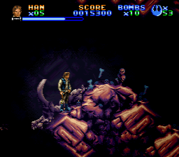 Super Star Wars: Return of the Jedi (SNES) screenshot: Stage 4: Rather than listening to reason, Jaba throws our heroes to the darkest corner in his palace.