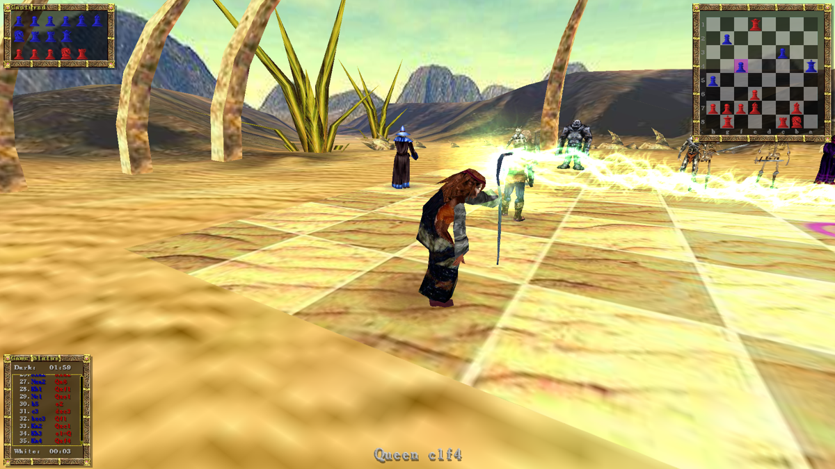War Chess (Windows) screenshot: Black Queen, which is portrayed as some sort of witch, dark sorceress is launching her shocking attack at the poor, unfortunate White Pawn.
