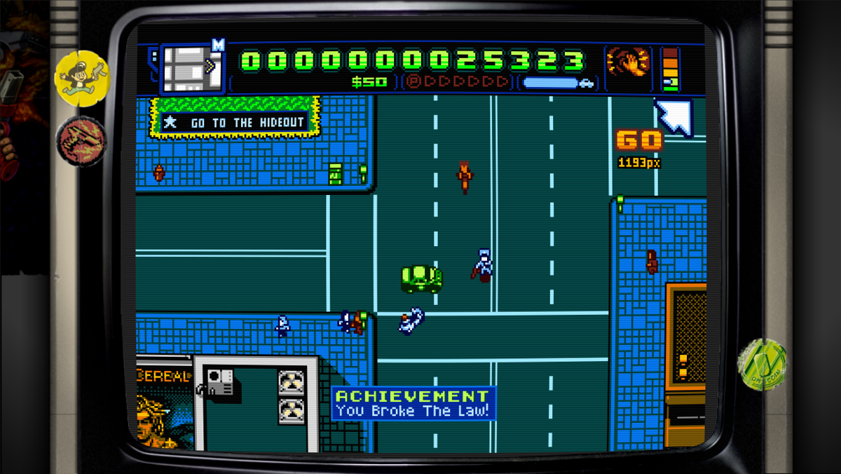 Retro City Rampage: DX (Windows) screenshot: An in-game achievement for breaking the law for the first time.