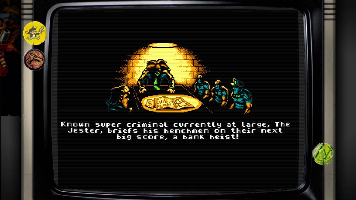 Retro City Rampage: DX (Windows) screenshot: Cut-scene sequence of a meeting with the criminal mastermind Jester.