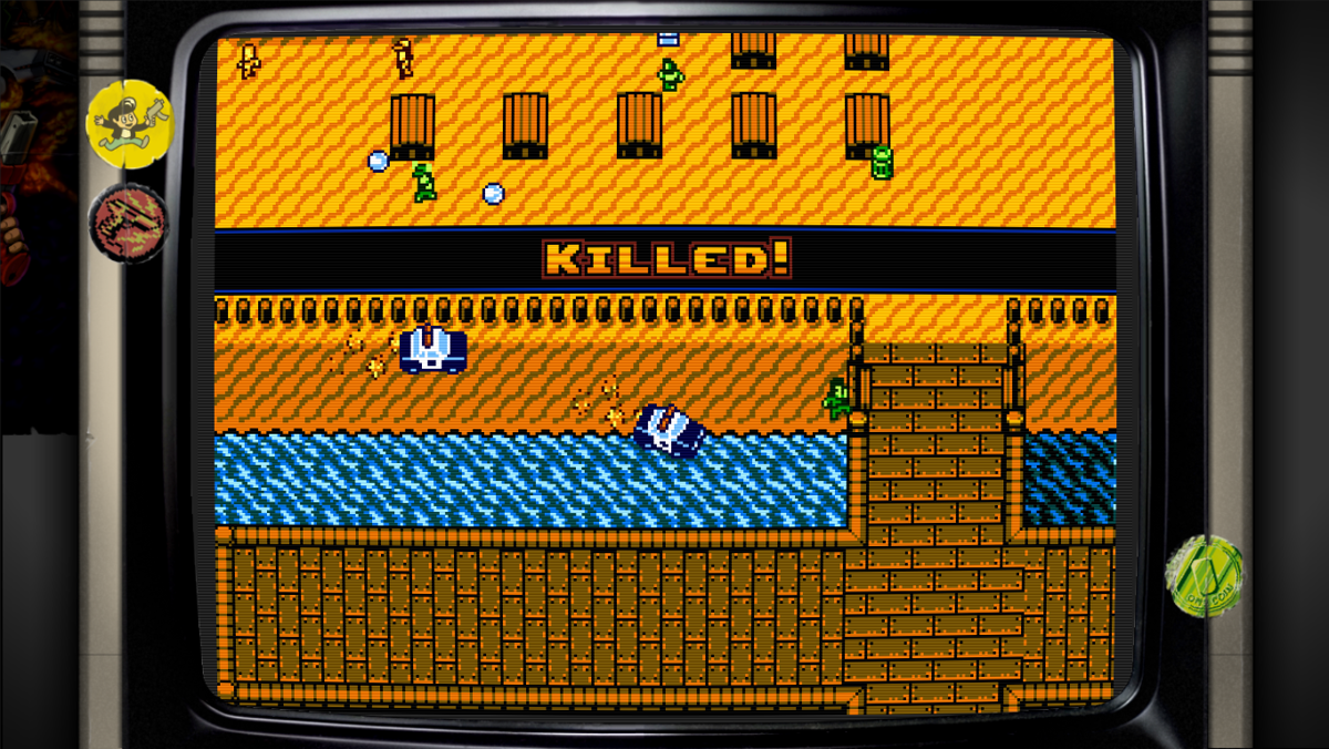 Retro City Rampage: DX (Windows) screenshot: Killed during a chase at the beach.