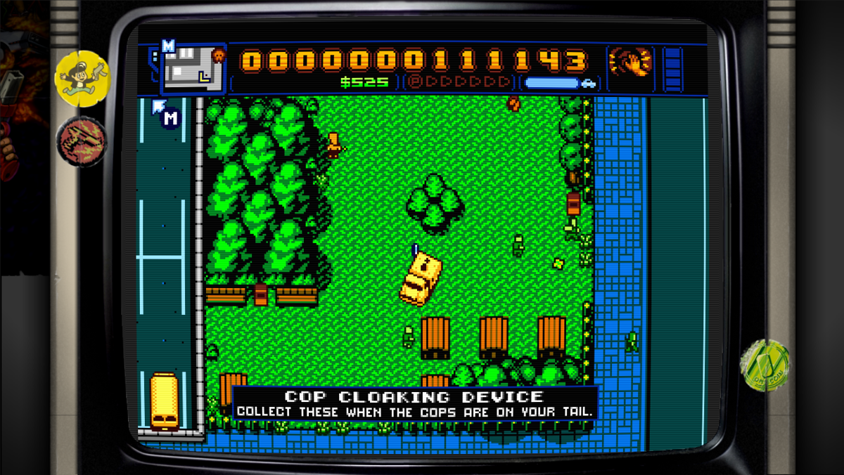 Retro City Rampage: DX (Windows) screenshot: Collect these devices to shake off the cops.