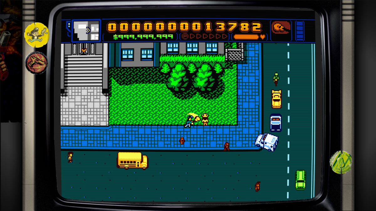 Retro City Rampage: DX (Windows) screenshot: You can also whack people over the head with a guitar/banjo.