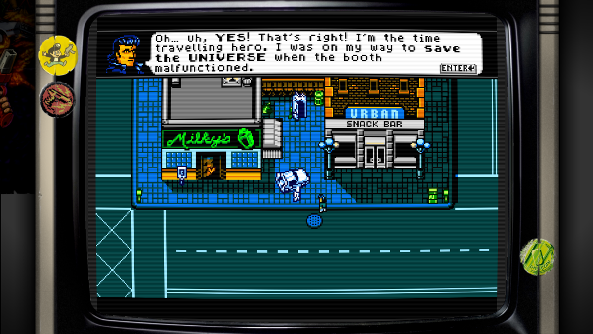 Retro City Rampage: DX (Windows) screenshot: Meeting Doc Brown and his car.