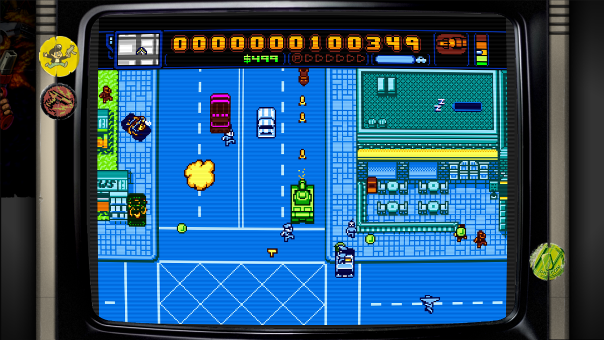 Retro City Rampage: DX (Windows) screenshot: Driving a tank during an arcade challenge.
