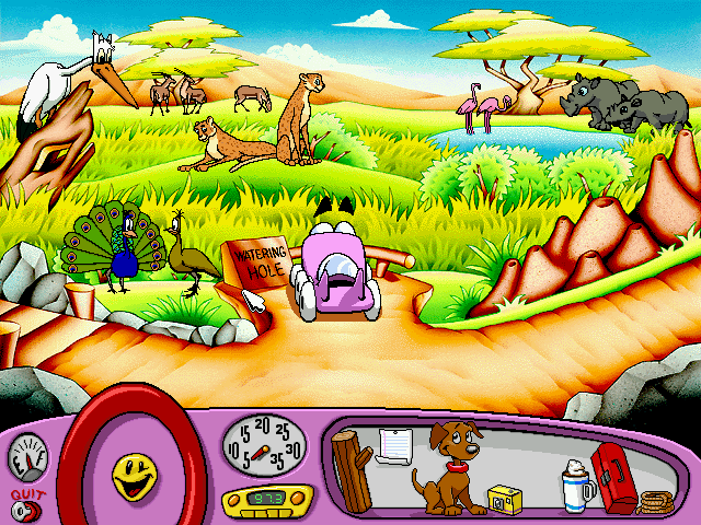 Putt-Putt Saves the Zoo (Windows) screenshot: The watering hole with many animals (and an opportunity to play a minigame)