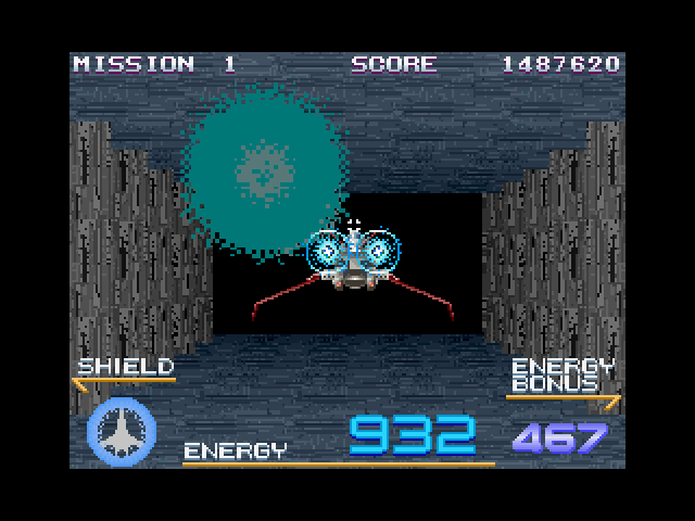 Galaxy Force II (FM Towns) screenshot: Flying through a cave