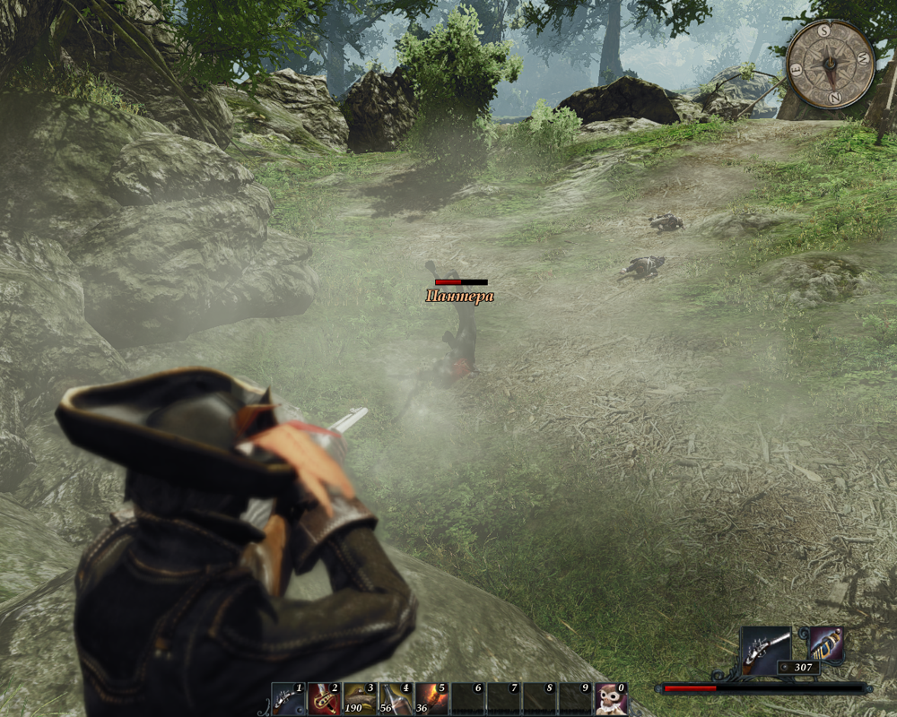 Risen 2: Dark Waters (Windows) screenshot: You are a senseless beast, and I am a superior human with a shooting stick standing on a hill where you can't reach me