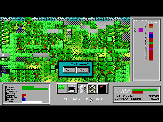 Green (DOS) screenshot: The end of a noy-very-successful game. The pavers have knocked out two planters and have not only assumed their id's but have recruited lots more of their kind
