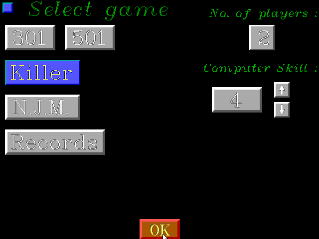 R.S.A Darts (DOS) screenshot: The game's main menu screen. The blue button in the top left returns to the title screen. All the other buttons change the game or the number of players etc.