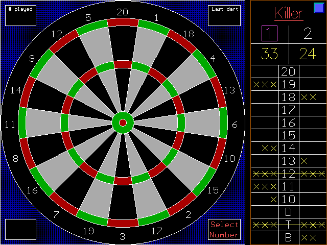 R.S.A Darts (DOS) screenshot: The dart board is nice and clear, so are the scores. This is a game of Killer that's part way through.