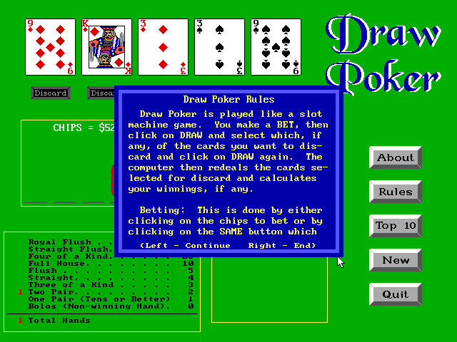 Draw Poker (DOS) screenshot: The game's rules are accessed via a button on the right