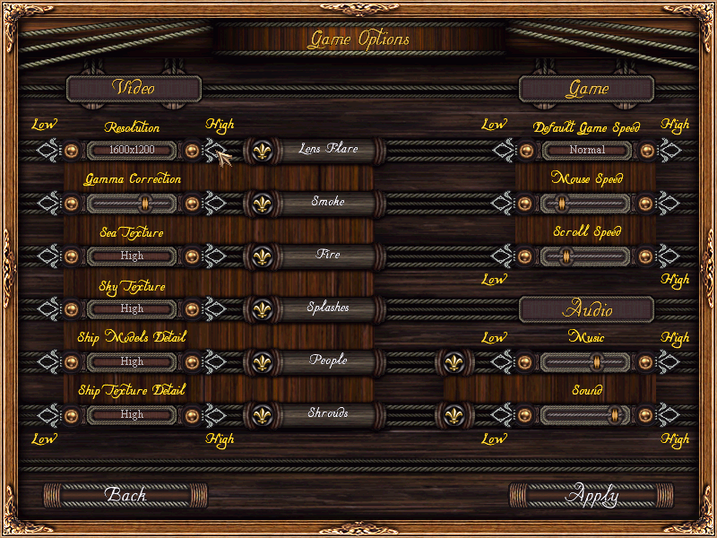 Age of Sail II (Windows) screenshot: Options screen