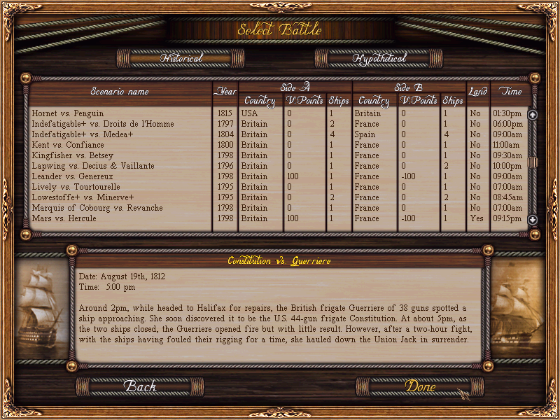 Age of Sail II (Windows) screenshot: Numerous historical scenarios to choose from.