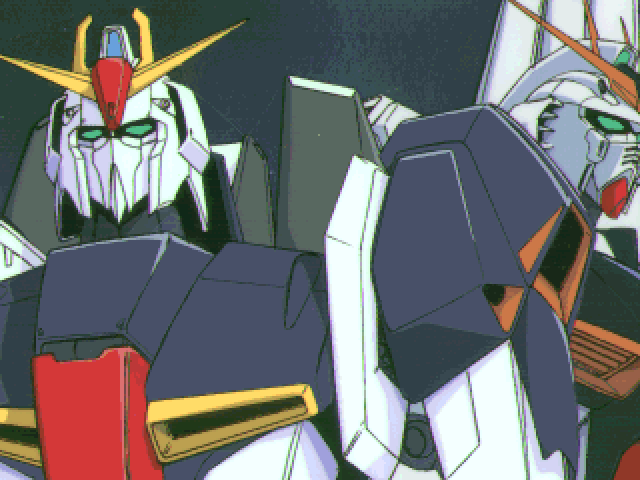 Mobile Suit Gundam: Hyper Desert Operation (FM Towns) screenshot: Intro: the white mechas...