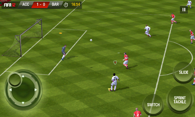 FIFA 12 (Android) screenshot: Lob attempt that appears to go wide.