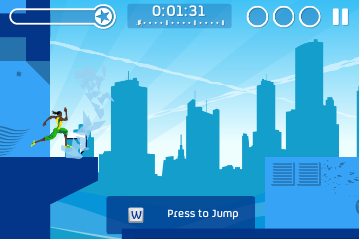 Freedom City Runners (Browser) screenshot: Crashing through a window