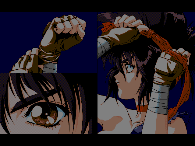 The Queen of Duellist (FM Towns) screenshot: The intro shows Miyuki...