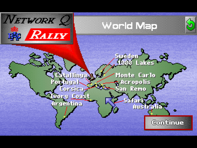 Network Q RAC Rally (FM Towns) screenshot: World map