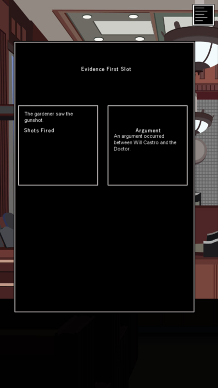Twelve Absent Men (Android) screenshot: The final statement is made using the evidence you've uncovered during the trial. You need to choose 3 options out of up to 9 that you've unlocked when questioning witnesses.