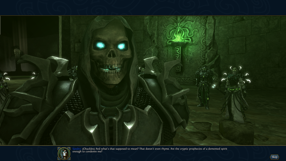 Might & Magic: Heroes VI - Danse Macabre (Windows) screenshot: You can play as a "Might" Sandro if you like, he remains equally witty.