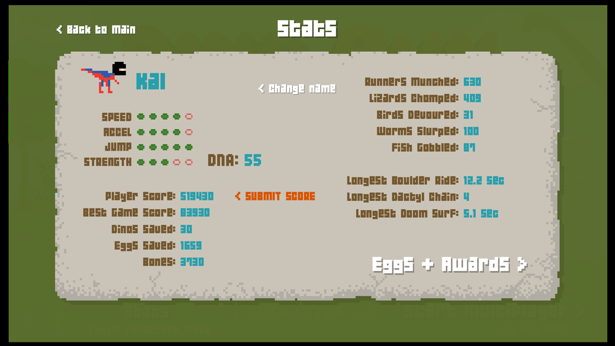 Dino Run SE (Windows) screenshot: The stats page.