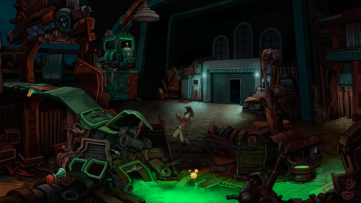 Deponia (Windows) screenshot: Rufus plays air guitar if you do nothing for a few seconds