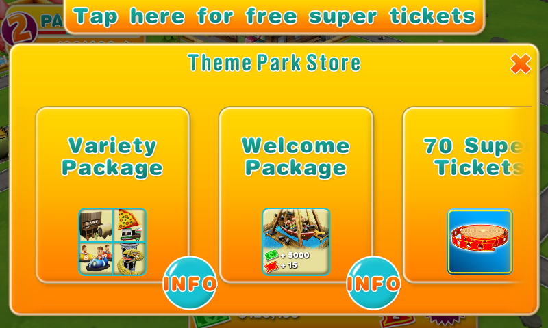 Theme Park (Android) screenshot: The game is full of IAPs.