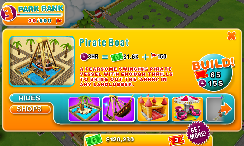 Theme Park (Android) screenshot: Construction menu - some buildings cost money, others tickets.
