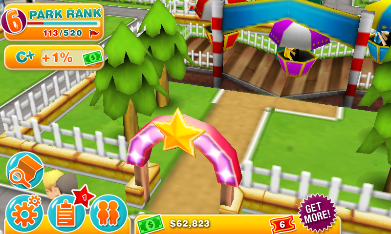 Theme Park (Android) screenshot: Star shows the ride has been upgraded.