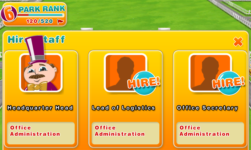 Theme Park (Android) screenshot: Staff can be hired.