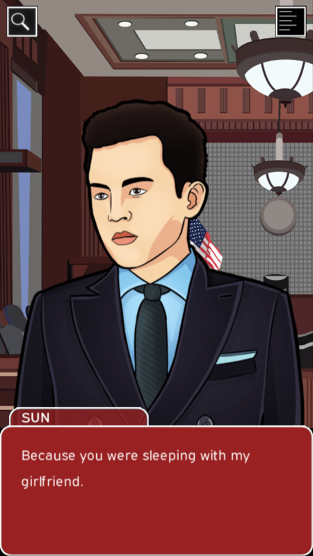 Twelve Absent Men (Android) screenshot: The prosecutor has a reason for his feelings towards you.