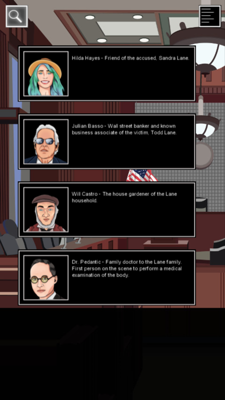Twelve Absent Men (Android) screenshot: Choose whom to call as a witness.