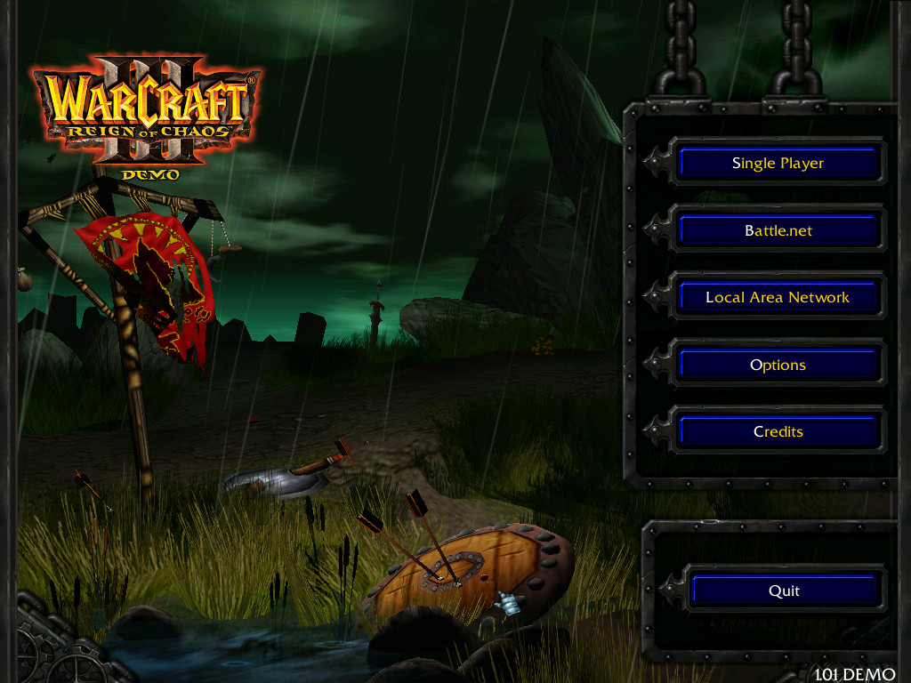 WarCraft III: Reign of Chaos (Demo Version) (Windows) screenshot: Demo main menu screen. Not much different from the retail version.