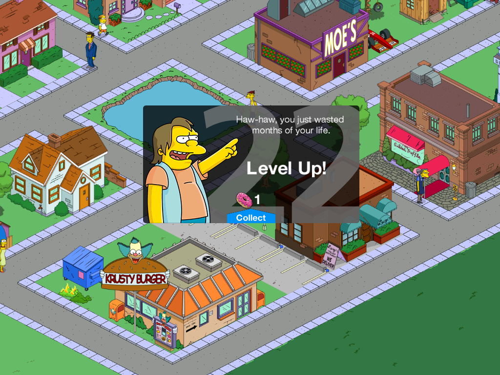 The Simpsons: Tapped Out (iPad) screenshot: Sarcastic message when leveling up.