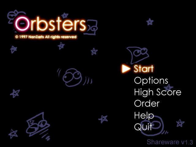 Orbsters (Windows) screenshot: Shareware release: the game's main menu