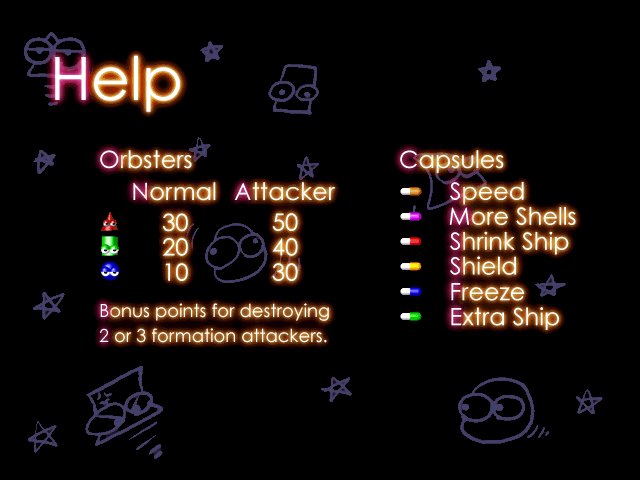 Orbsters (Windows) screenshot: Shareware release: the help screen shows the kind of enemy ships and power ups that the player can expect.