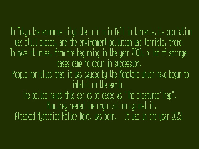 Silent Möbius: Case: Titanic (FM Towns) screenshot: Text intro in English... well, sort of