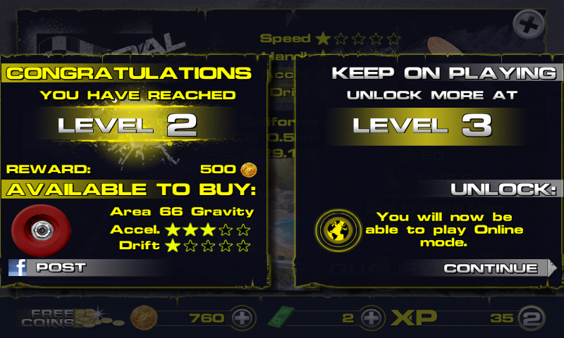 Downhill Xtreme (Android) screenshot: Leveling up.