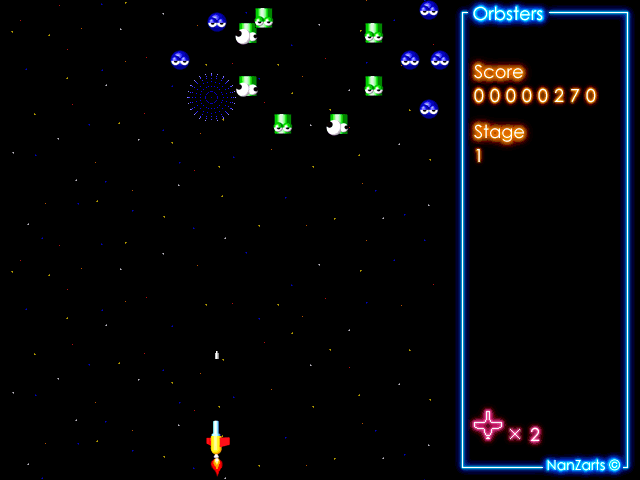 Orbsters (Windows) screenshot: Shareware release: the enemy ships arrive in waves, the blue ones come first followed by green and then red. They swirl around the screen very prettily.