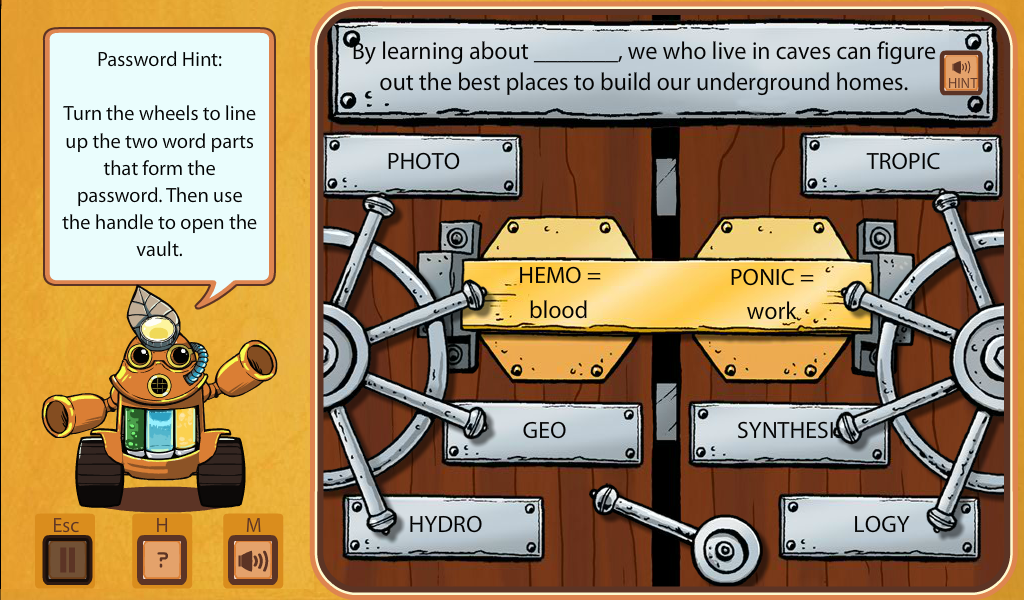 Possible Worlds: The Ruby Realm (Browser) screenshot: Spin the wheels to get the right word