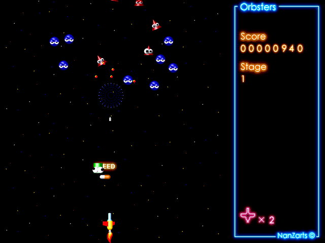 Orbsters (Windows) screenshot: Shareware release: after a while a power-up and an enemy ship descend towards the player.