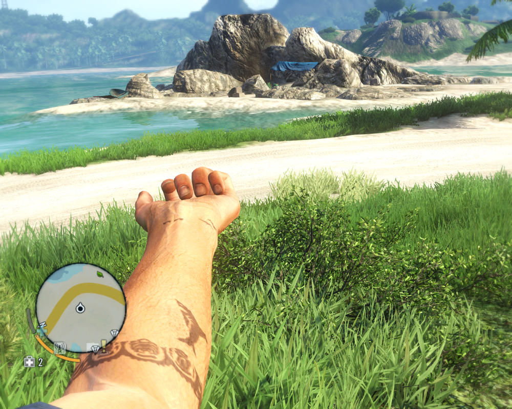 Far Cry 3 (Windows) screenshot: Each time Jason learns a new skill a new tattoo is added to his left hand