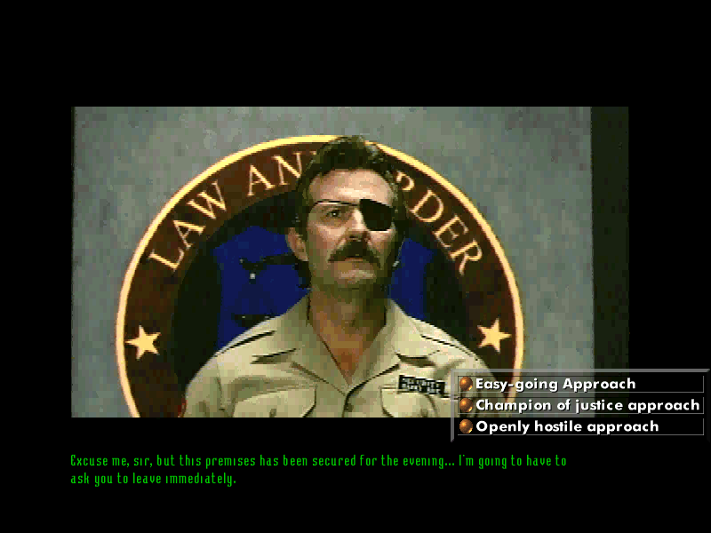 Tex Murphy: Overseer (Windows) screenshot: Law and Order security guard.