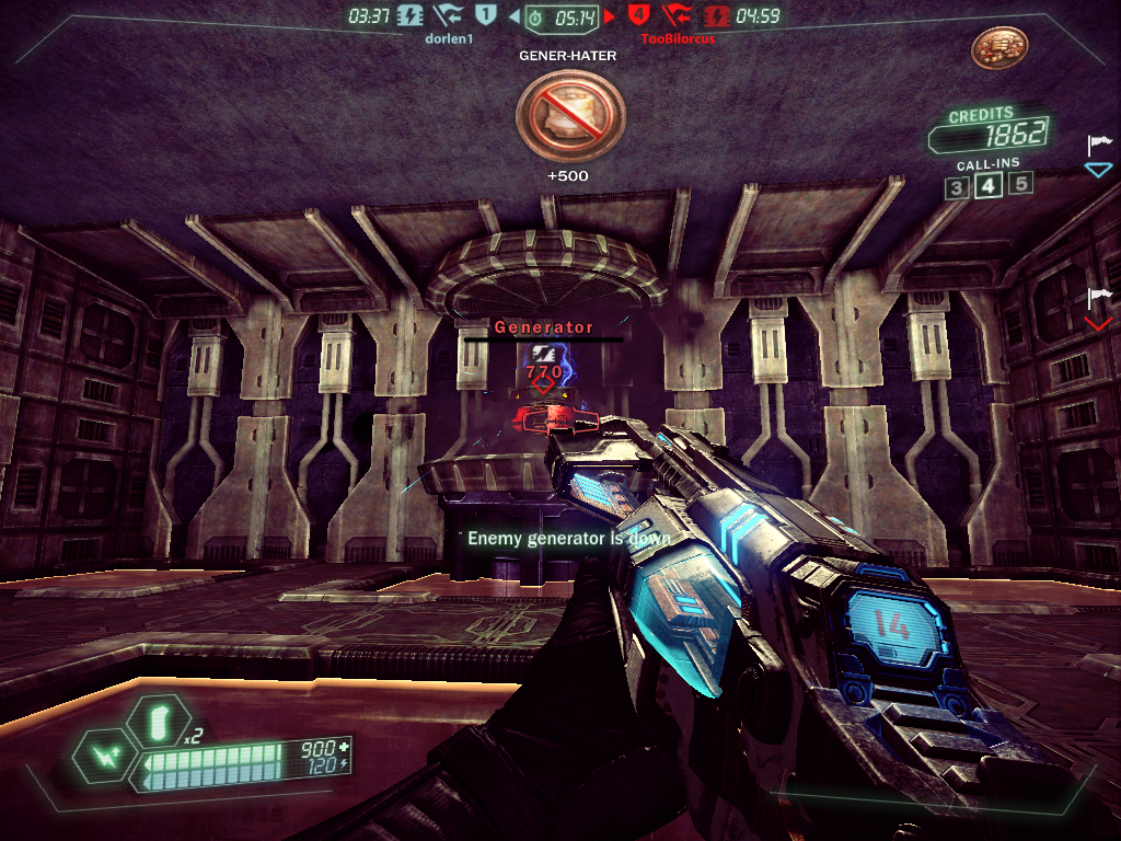 Tribes: Ascend (Windows) screenshot: Destroying the enemy generator